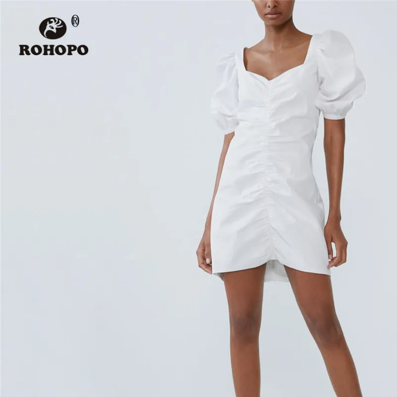 ROHOPO/пышное белое хлопковое платье с коротким рукавом и квадратным воротником