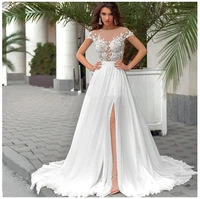 scoop neck vintage lace appliques top a line wedding dresses split side sexy bridal gowns buttons back 2021 beach robe de mariee