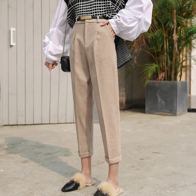 Осень зима женские брюки 2019 новые шерстяные повседневные шаровары модные до