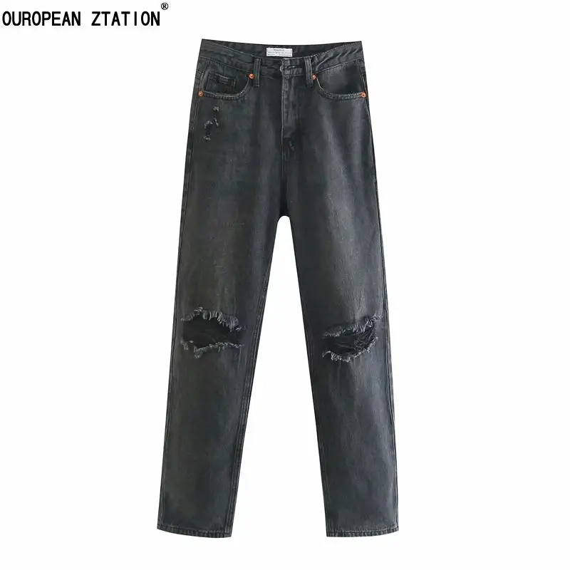 

2021 Women Fashion ripped mom jeans Retro casual high-waist carrot leg ankle length jeans female Denim pants jeans woman