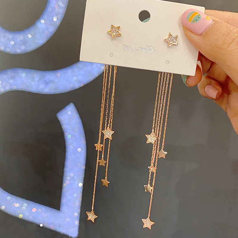 

S1180 Fashion Jewelry S925 Silver Post Earrings Stars Tassels Dangle Stud Earrings