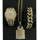 Роскошные мужские часы золотого цвета, браслет и ожерелье, комбинированная подвеска с 23 цифрами, кубинская бижутерия со стразами в стиле хип-хоп для мужчин