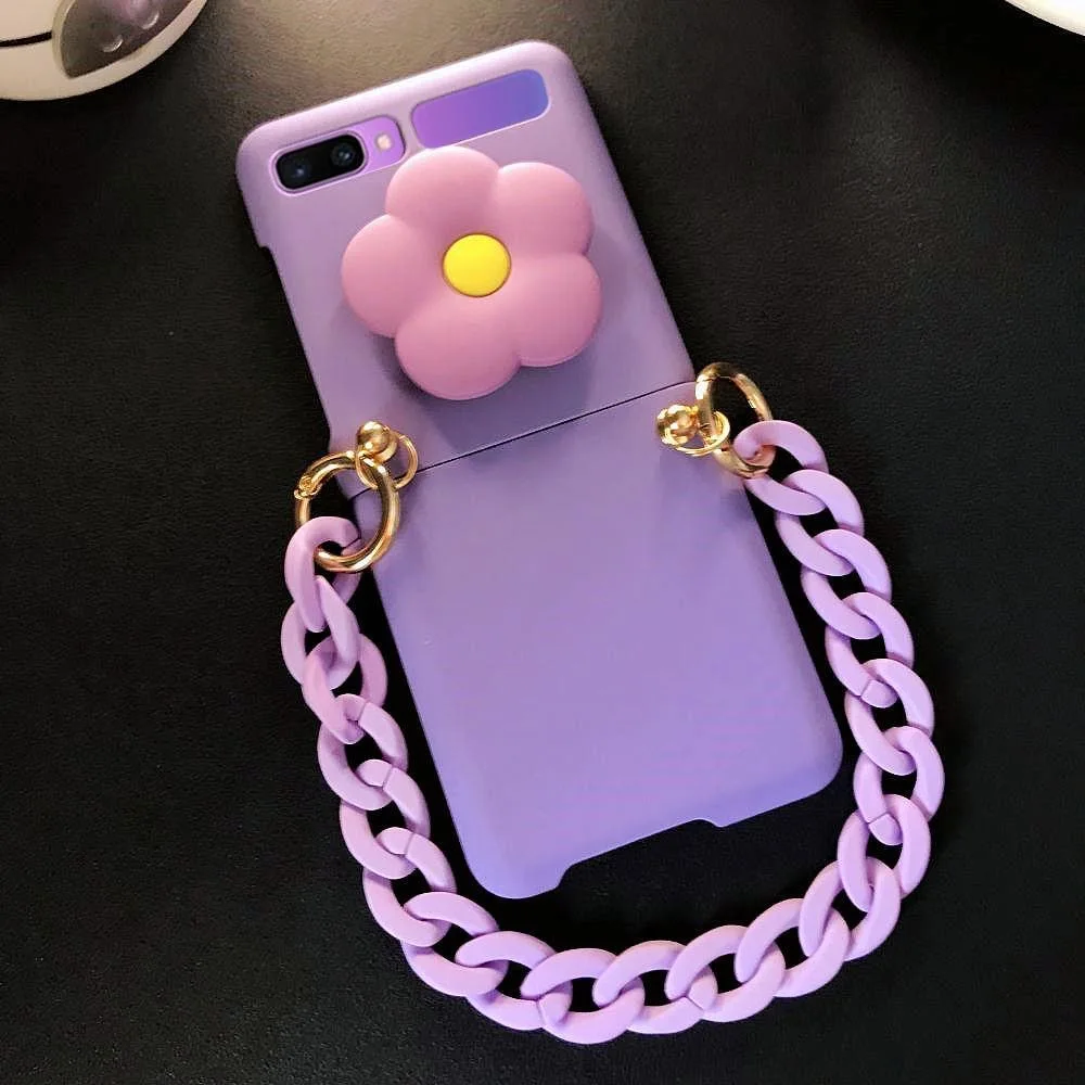 Korean Fashion DIY Cute Flower Bracket Stand Holder Hand Chain Case Cover For Samsung Galaxy Z Flip 4G 4 3 5G Frosted Hard Cover