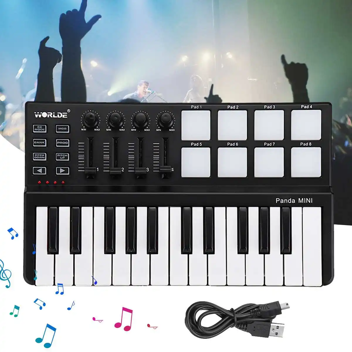 

Worlde Panda mini Portable Mini 25-Key USB Keyboard and Drum Pad MIDI Controller Professional Musical Instruments Black Color