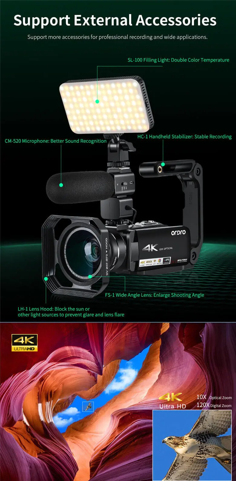 Ordro AC7 4K HD WI-FI 24MP Цифровая видеокамера инфракрасная видео Регистраторы Ночное видение 10xoptical зум ПК для просмотр в режиме реального