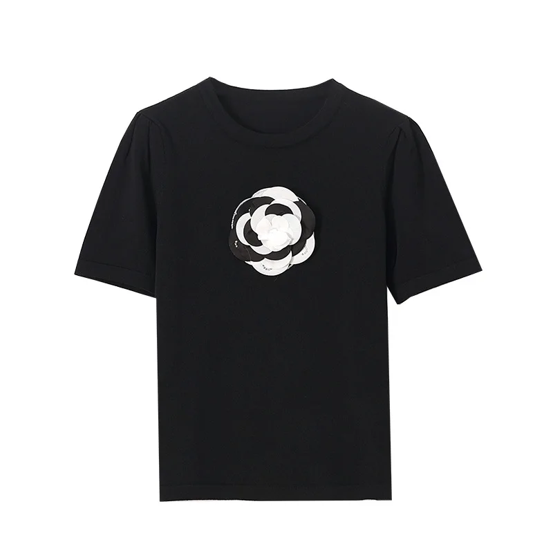 

2021 Spring and Summer New Round Neck TeeThree-Dimensional Flower Decoration Ice Silk T-shirt Female Knitwear Short Sleeve Top
