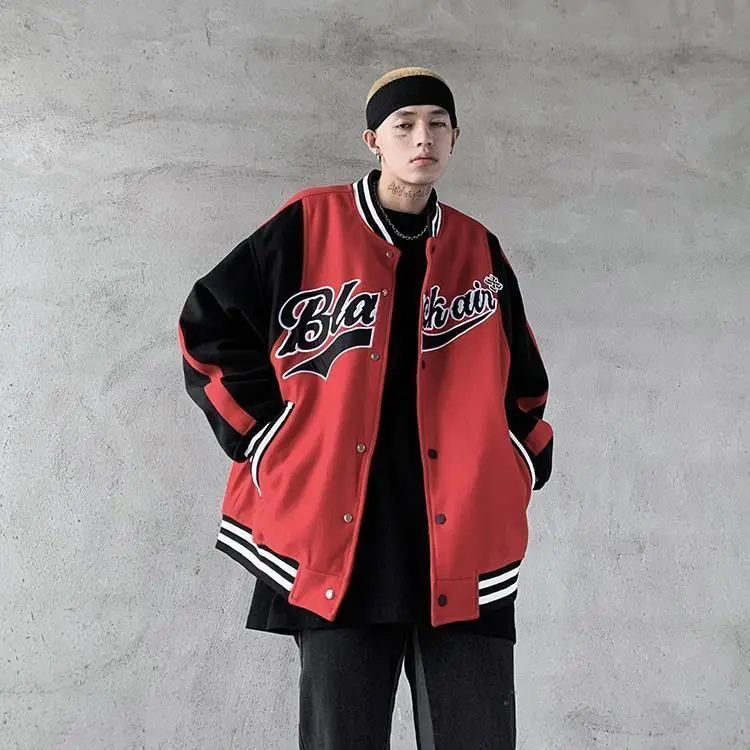 

2021 Baseball Jacket men's European and American high street color contrast embroidery hip hop jacket men's fashion cardigan