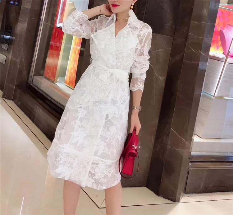 

2021 Autumn Women Sexy Lace Mesh Embroidery Through Belt White Trench Coat Turn-Down Collar Double-breasted Long Coats Outerwear