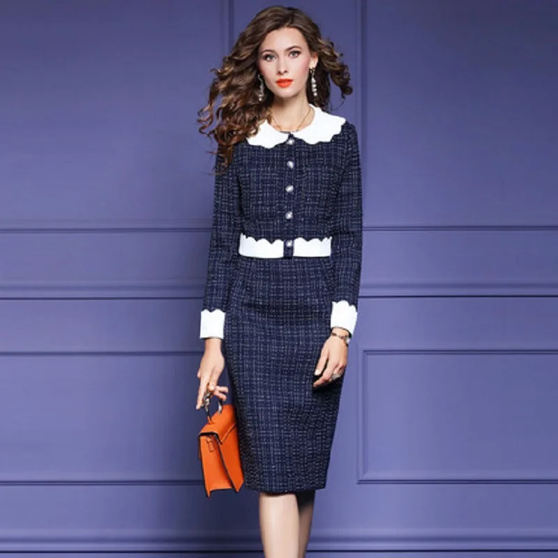 

Pencil 2021 Fashion patchwork dress women's autumn winter new Plaid vest skirt short showing thin two piece set dress Plus XXXL