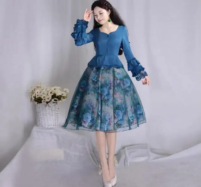 Осень, высокое качество, плюс размер, S-XXXL, элегантное, имитация двух частей, длинный рукав, цветочный принт, Ou Gensha, шифоновое длинное платье