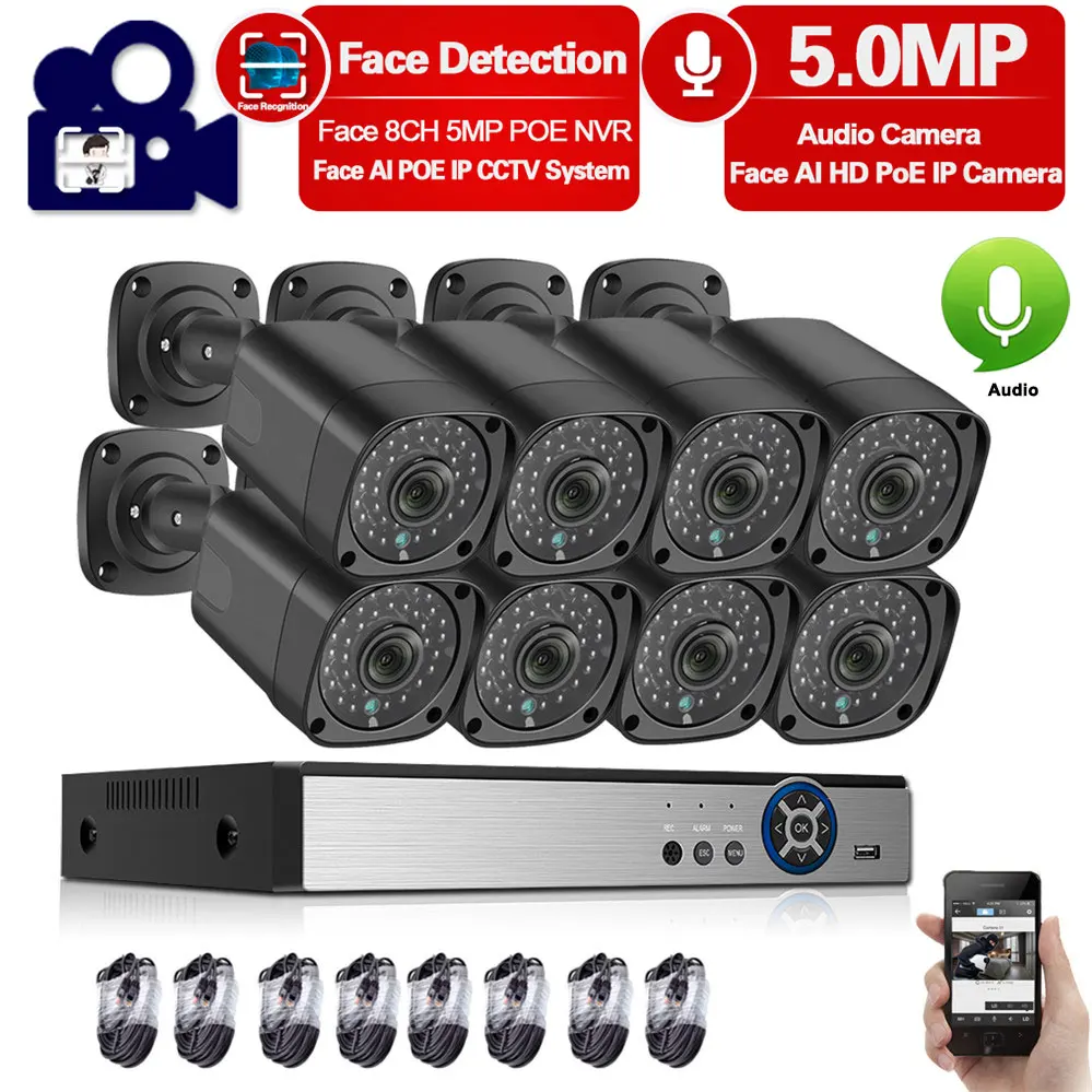 5MP Системы 8ch PoE NVR видеонаблюдения 4/8 шт. пуля звук двухстороннее аудио ip камеры с