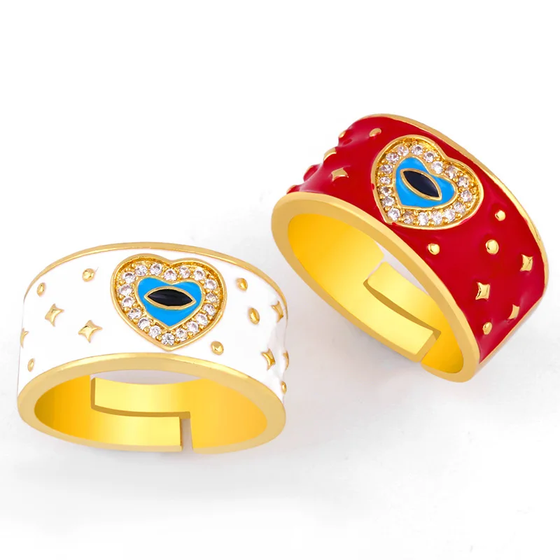 

Fashion gold enamel pavé heart-shaped evil eye open ring women's jewelry