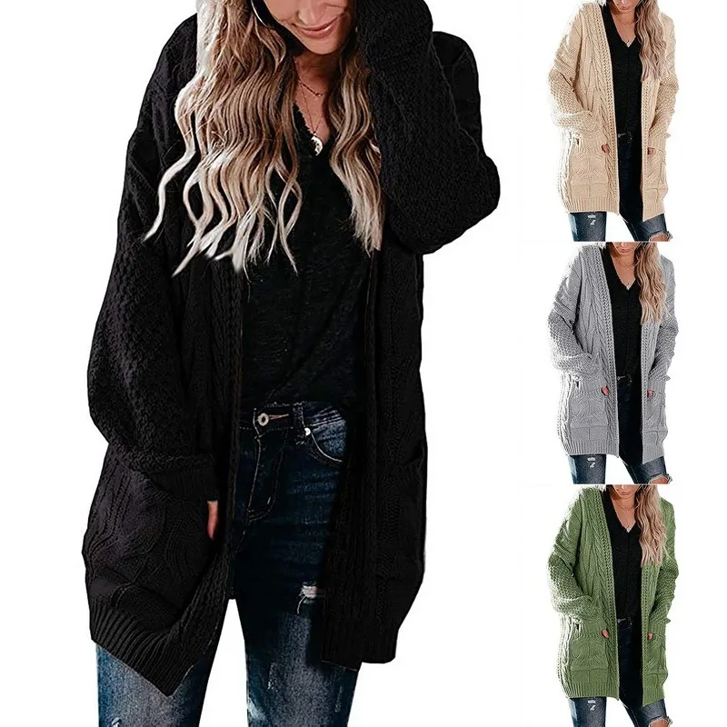 

European Style Woman Knitted Cardigans Autumn Winter Coat Vintage Pure Color Knitted Twist Long Cardigan Female Knitwear 2021New