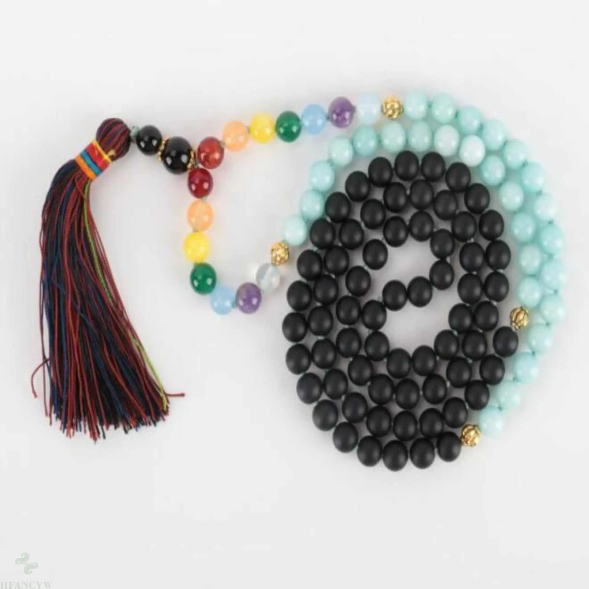 

8mm 108 Natural 7 Chakras black agate Aquamarine knot necklace Thanksgiving Day Taseel Handmade Inspiration Classic Souvenir