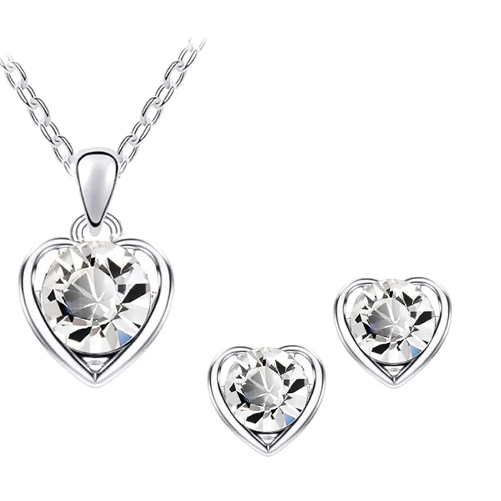 

Women Rhinestone Heart Pendant Necklace Chain Stud Earrings Party Jewelry Set