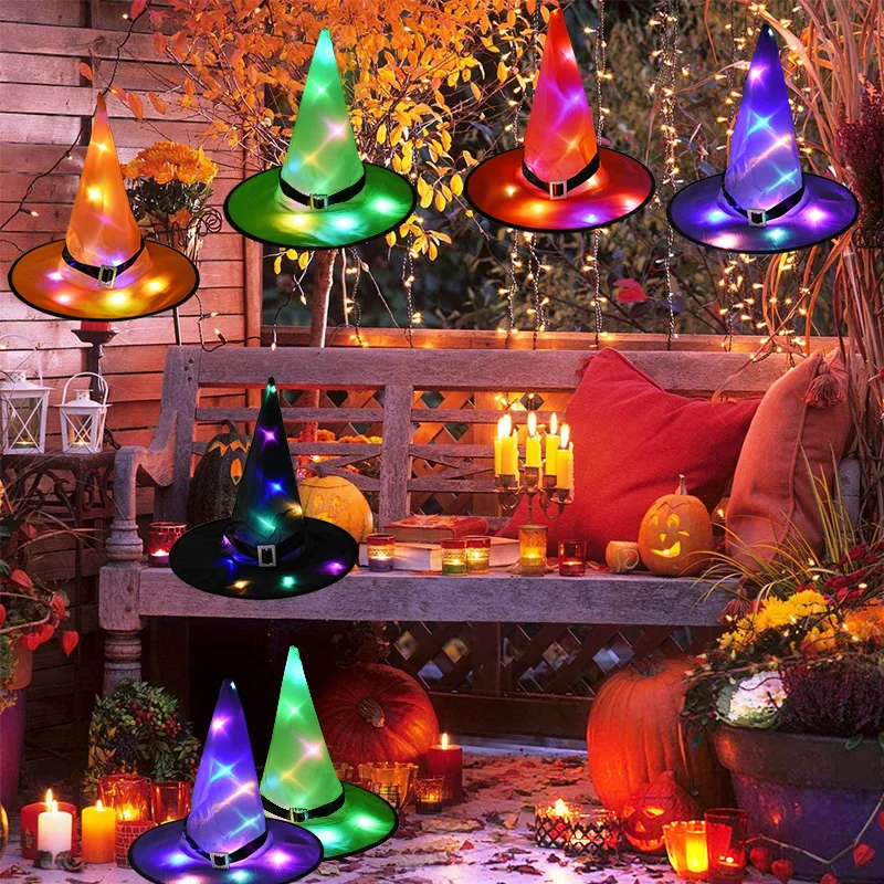 

Halloween Witch Hat With LED Light Glowing Witches Hat Hanging Prom Props Decoration Suspension Tree Shine Hat Home Decation