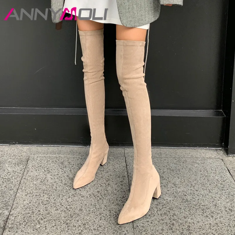 

ANNYMOLI длинные сапоги женская обувь с острым носком на толстом каблуке Сапоги выше колена на молнии модные женские Стрейчевые сапоги осень-зи...