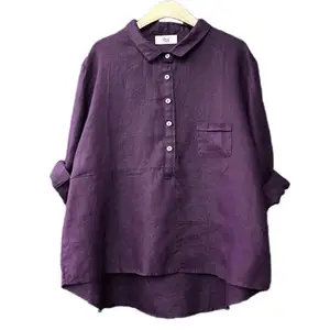 Женская рубашка с длинным рукавом, из хлопка и льна