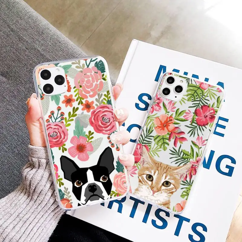 

Animal flower dog cat cute Phone Case Transparent Clear for iPhone 11 12 mini pro XS MAX 7 8 6 6S Plus X 5S SE 2020 XR