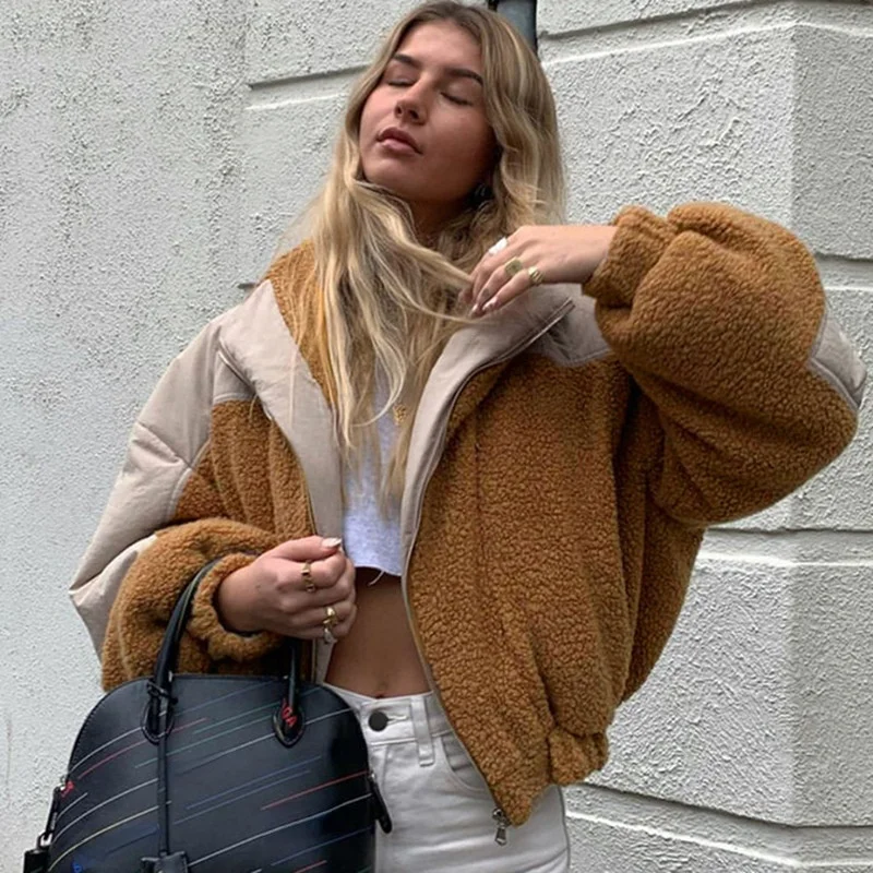

Brown Patchwork Long Sleeve Zipper Lambswool Women Coat Hooded Streetwear Casual Female Jacket Winter Fashion Tops 2021
