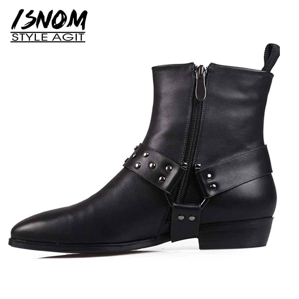 ISNOM женские ботильоны Туфли без каблуков круглый носок на ремешке с заклепками