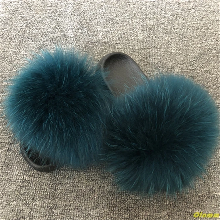 Шлепанцы с натуральным лисьим мехом большие размеры Летние пушистые шлепанцы