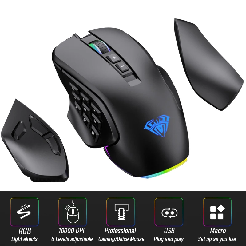 

Игровая мышь RGB, 10000 DPI, боковые кнопки, макро, программируемая, эргономичная, 14 клавиш, проводная USB-мышь с подсветкой для настольных ПК и ноут...
