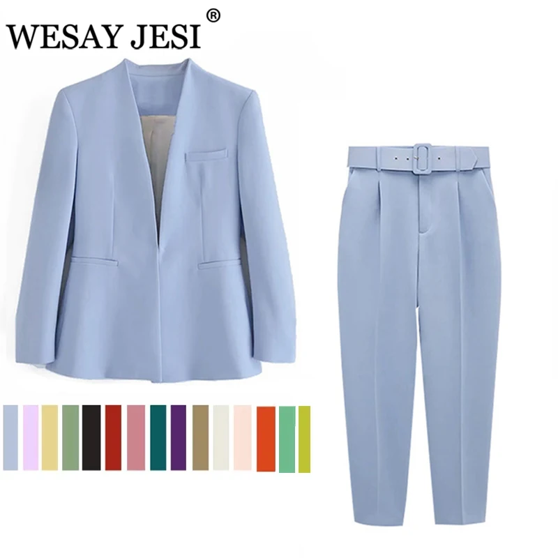 

WESAY JESI Women's Fashion Blazer Office Suit Pantsuit Simple Solid Color Suit Collar Long Sleeve + Trousers 2 Piece Set Blazer