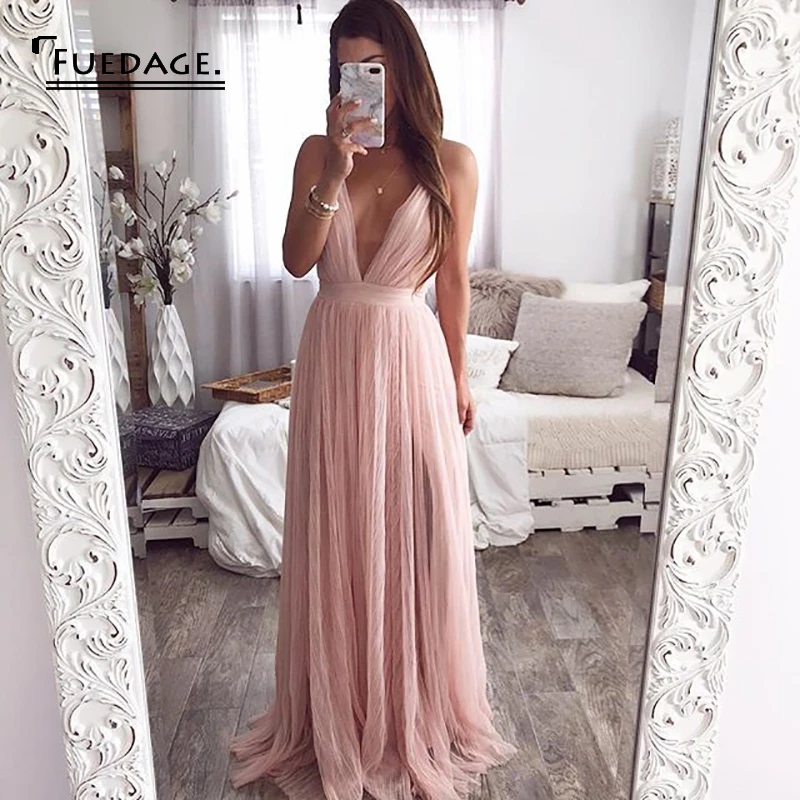 Fuedage/летнее Сексуальное Женское Сетчатое платье на тонких бретелях с глубоким