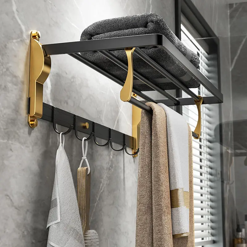 Punch-Free Bathroom Accessories Black Gold Luxury Bathroom Shelf Space Aluminum Bathroom Organizer Toilet Holder Towel Holder