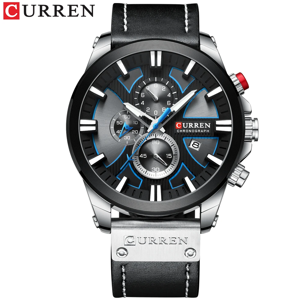 black silver black CURREN Часы Хронограф Спортивные мужские s кварцевые часы кожаные мужские наручные часы Relogio Masculino модный подарок для мужчин - Цвет: black silver black