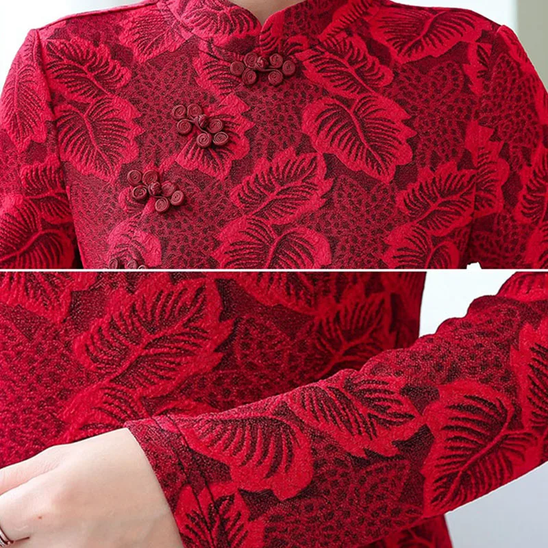 

Vintage printed dress for women spring long sleeve large size A-line party dresses female casual Chinese style slim party dress