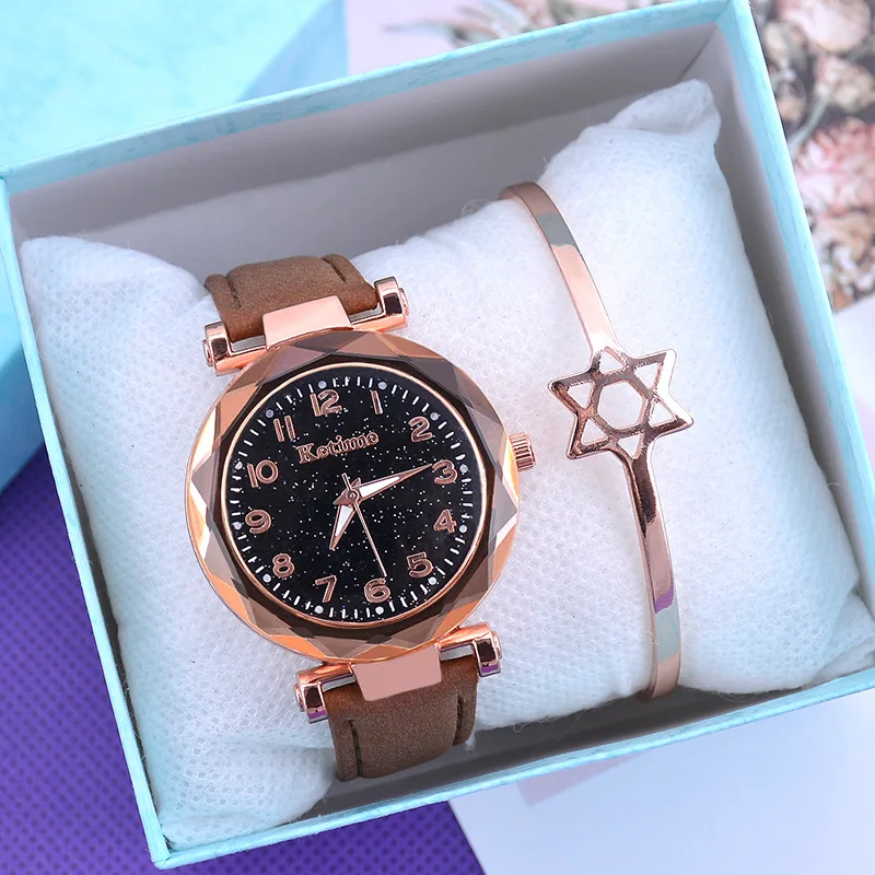 Brown no bracelet Модные женские часы Звездное небо, лидер продаж, кожаный браслет, кварцевые наручные часы, повседневные женские часы, Relogio Feminino - Цвет: Brown no bracelet