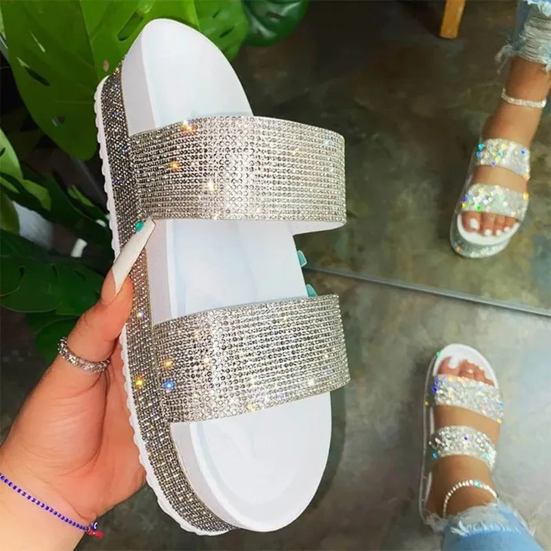 

Rhinestone Platform Flat Slippers Women Sandals 2021 Summer Plus Size Thick Bottom Colorful Beach Open Toe Fur Slides for Women