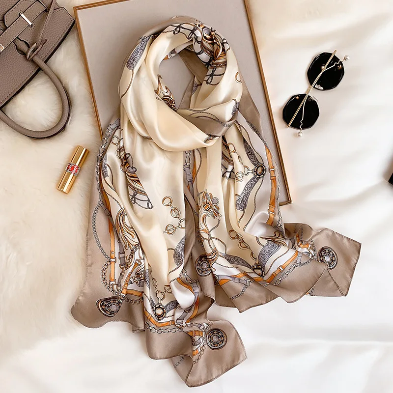 

Women Natural Silk Scarf Retro Chain Print Shawls Office Lady Elegant Wraps Female Noble Hijabs Beautiful Gift 53x170cm