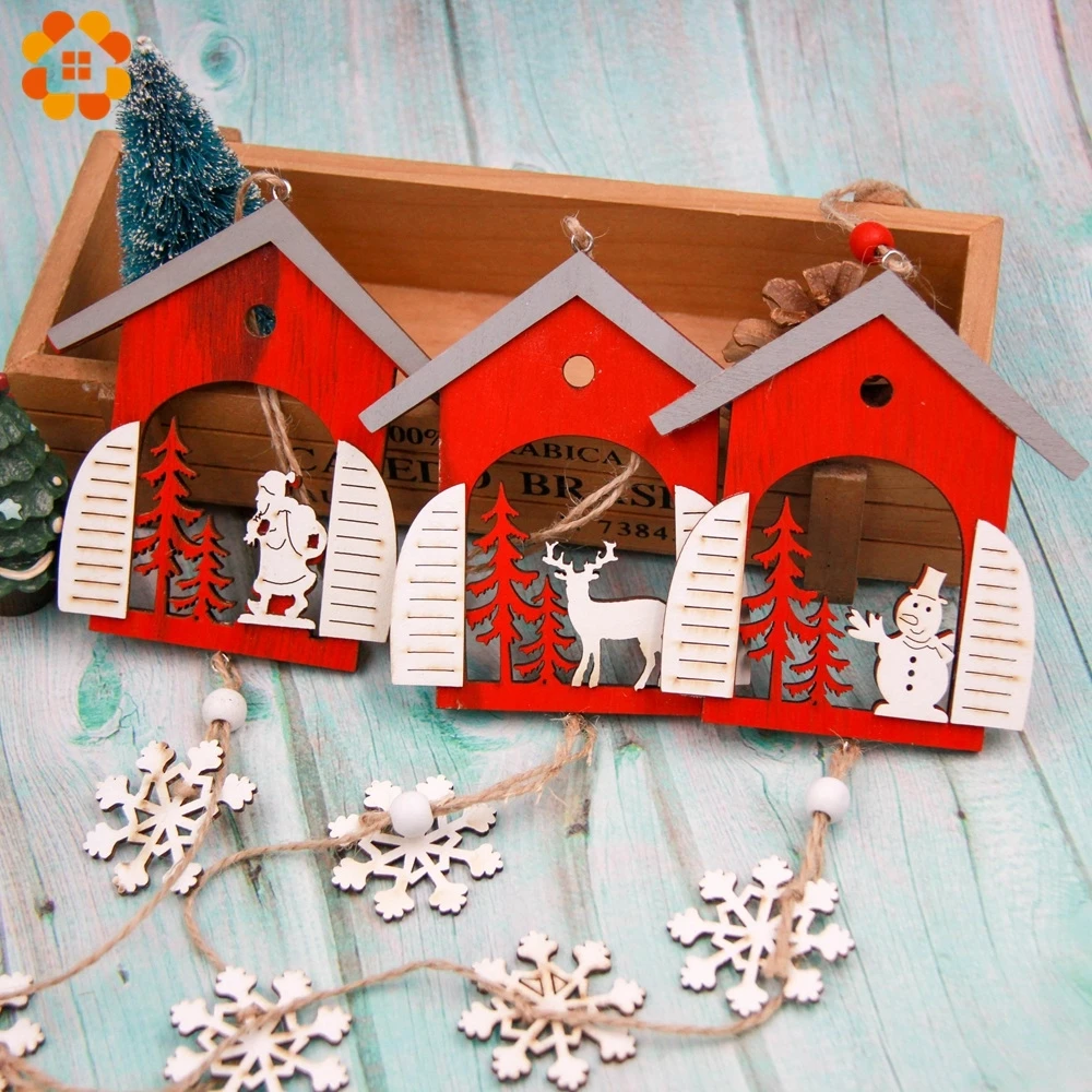 1PCS Red Wooden Santa Claus/Snowman Christmas Pendants Ornaments House Shape Xmas Tree Ornament For Party Decoration | Дом и сад