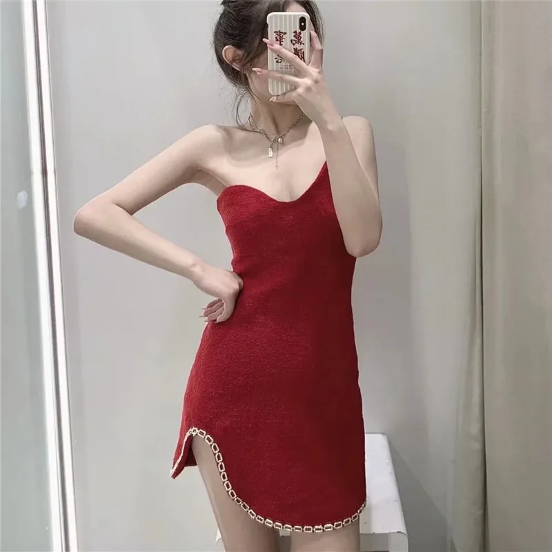 Женское твидовое платье с цепочкой на одно плечо открытой спиной | Женская одежда