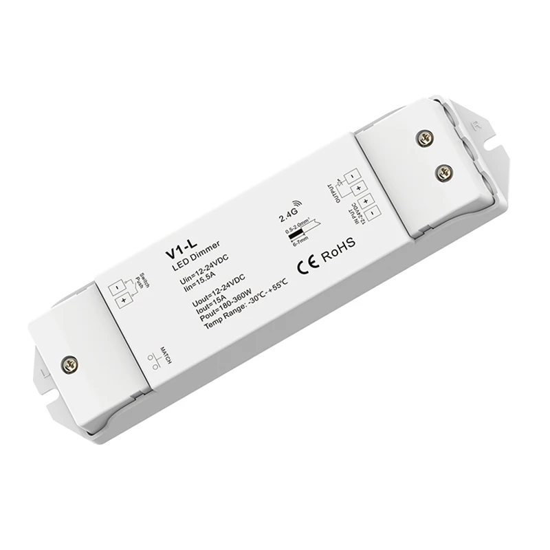 

V1-L DC 12V-24V 1CH*15A Constant Voltage Led Strip Dimming Push Dim PWM 5050 3528 String Tape Controller Wireless Receiver