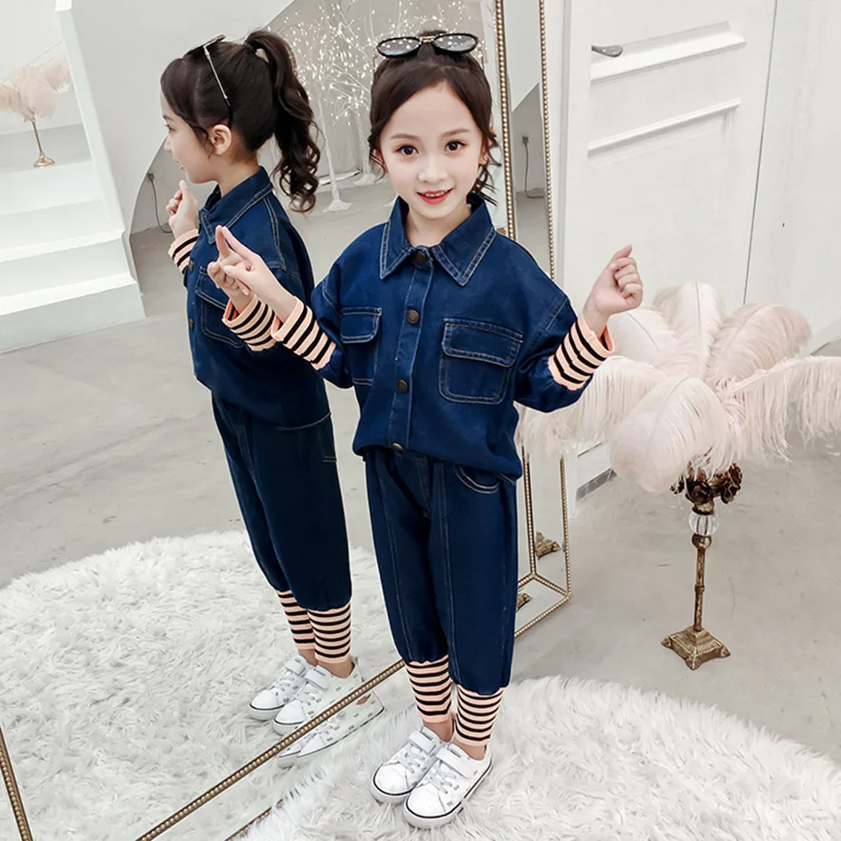 Детская одежда джинсовая куртка и джинсы наряды для девочек брюки-карандаш в