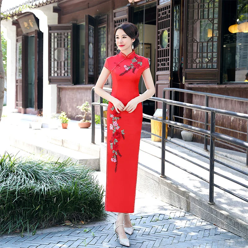 

XS-3XL изысканный женский с цветочной аппликацией; Платье Чонсам Винтаж с декоративными пуговицами Сексуальное Тонкое элегантное китайское п...