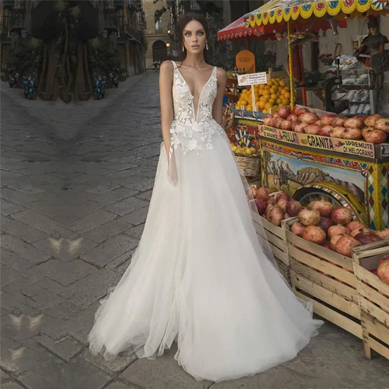 

Кружевное Свадебное платье без рукавов, с V-образным вырезом и аппликацией, из тюля, с открытой спиной, простой сад, длинное свадебное платье,...