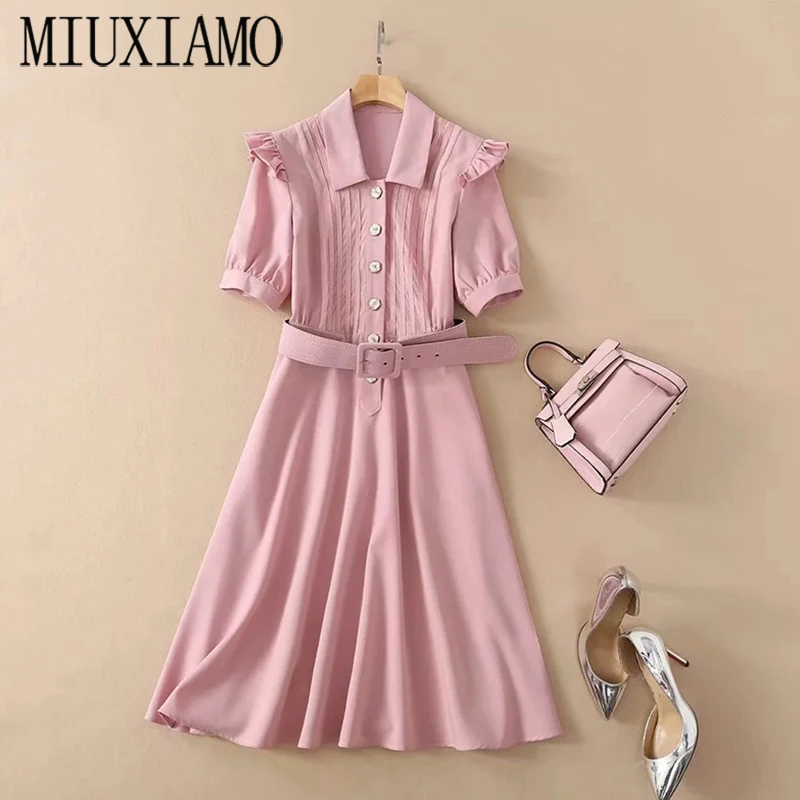 

MIUXIMAO Luxurious 2020 Summer Dress Women Pink Ruffles Dress Solid Slim Office Lady Casual Dress Women Vestidos With Belt