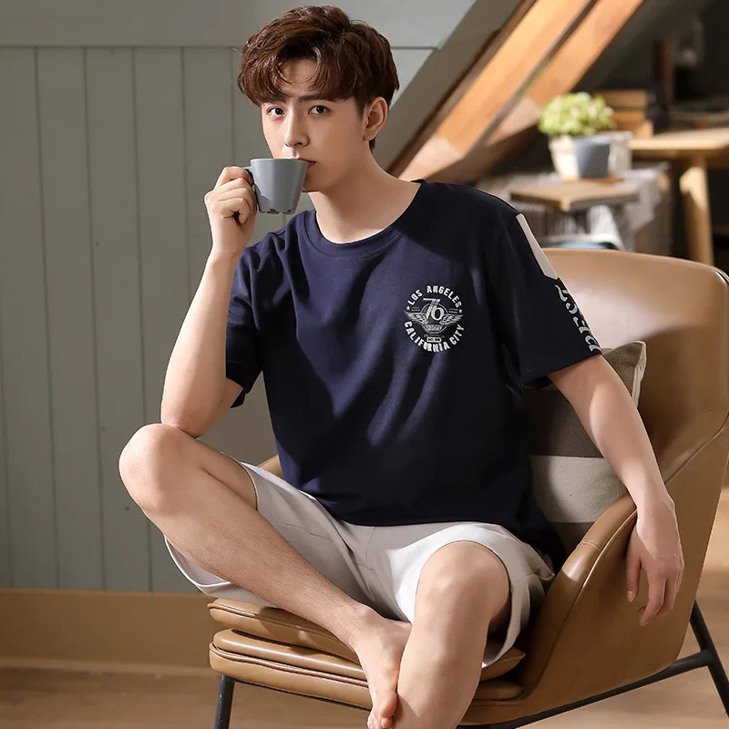 

Cotton Men Pajamas Summer Round Neck Short Sleeve Shorts Plus Size Printed Loose Men's Homewear Set Sleepwear Men