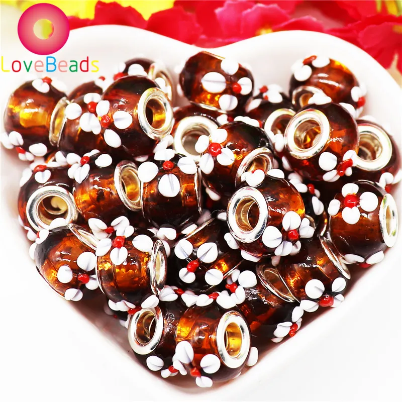 

10Pcs Color Flower Murano Rondelle Big Hole Glass Spacer Beads Fit Pandora Bracelet Snake Chain Loose Beads for Jewelry Making