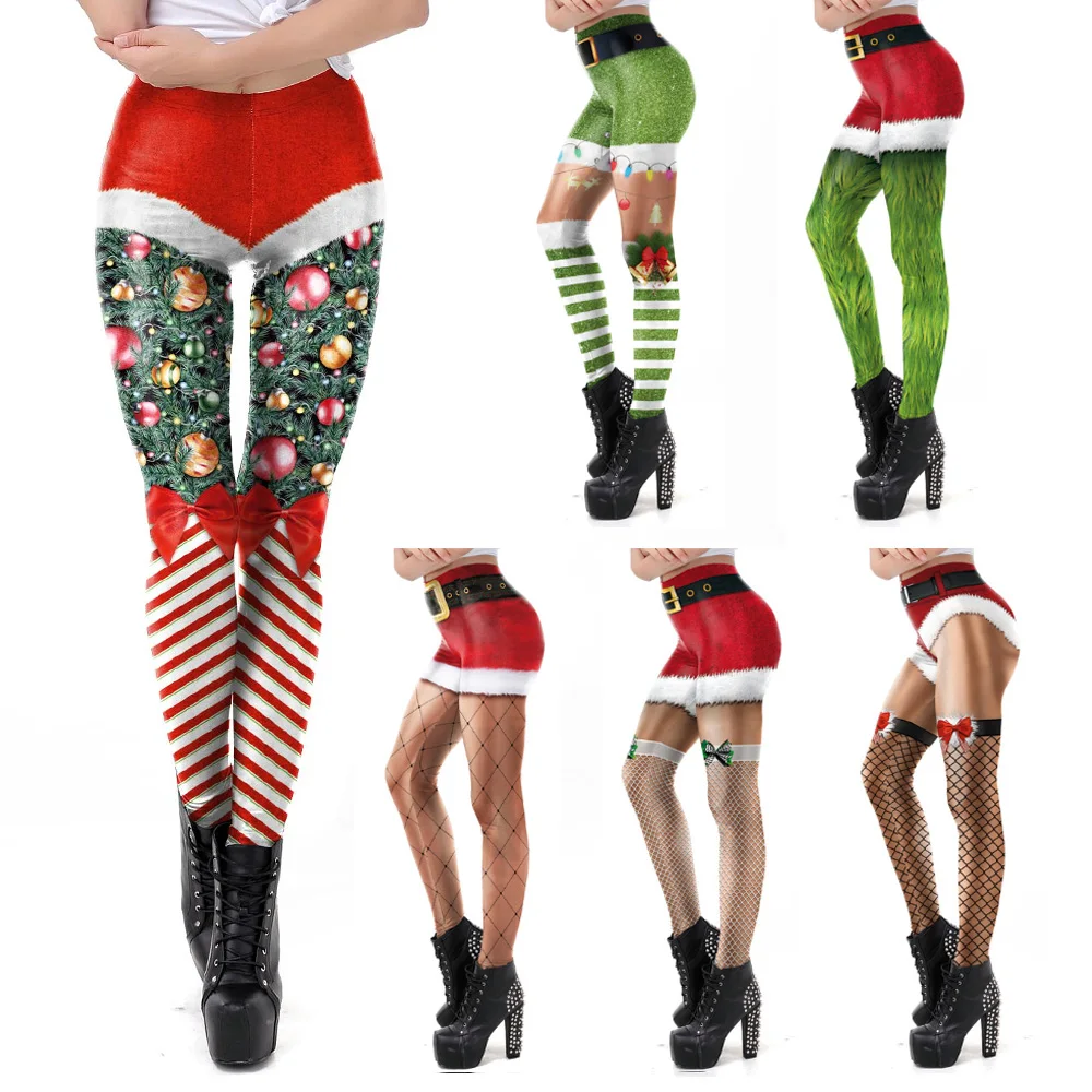 VIP FASHION-mallas ajustadas de cintura alta para mujer, Leggings con cinturón de Navidad, regalo, Festival, otoño e invierno, talla grande, 3D, rayas, Sexy