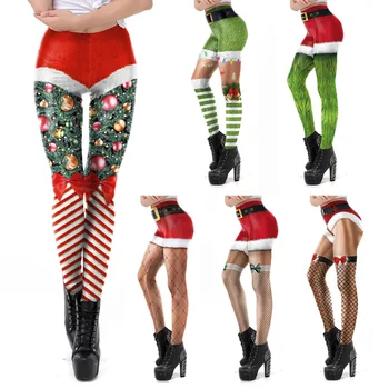 VIP FASHION Christmas Belt Leggings Gift Autumn Winter Festival Legging Plus Size Women 3D Stripe Sexy High Waist Skinny Leggins 1