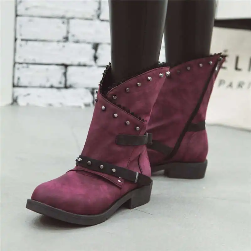 Odetina New Women Chunky Low Heel Platform Zip Buckle Strap Ankle Boots Studded Rivet Comfort Winter Round Toe Big Size 43 | Обувь