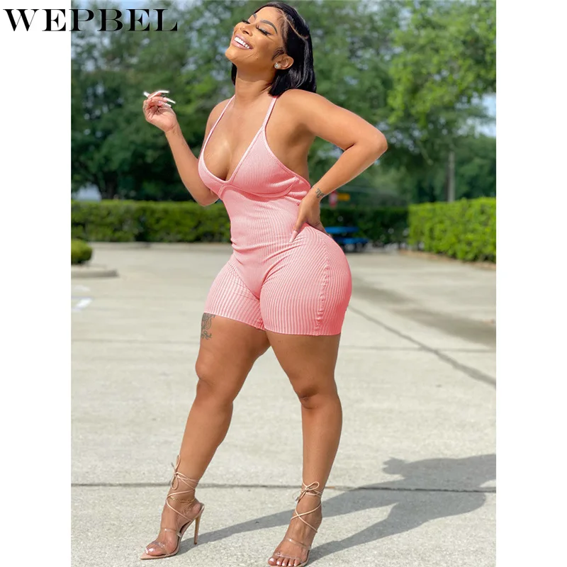 WEPBEL Solid Color High Waist Playsuits Women's Sexy Playsuits Summer V-neck Slim Spaghetti Strap Backless Bandage Playsuits