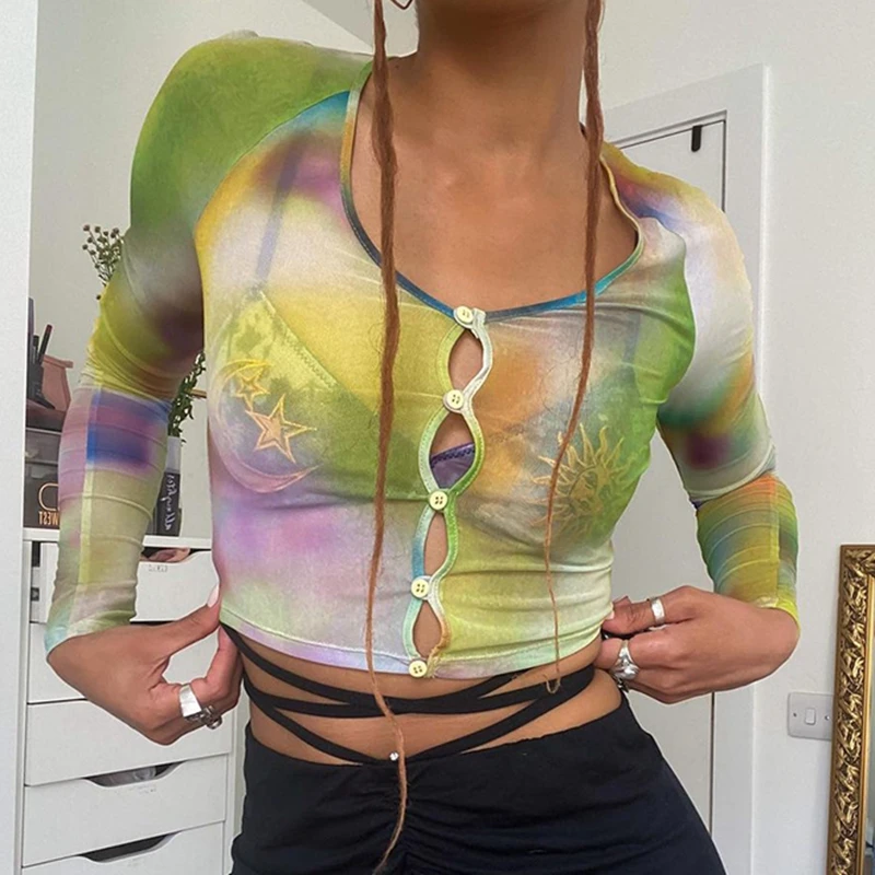 

Tie Dye Silm Fit Button UpY2K Transparent T-shirts With Long Sleeve Sexy Women's Top Casual Strreetwear Outfit Summer Clothing