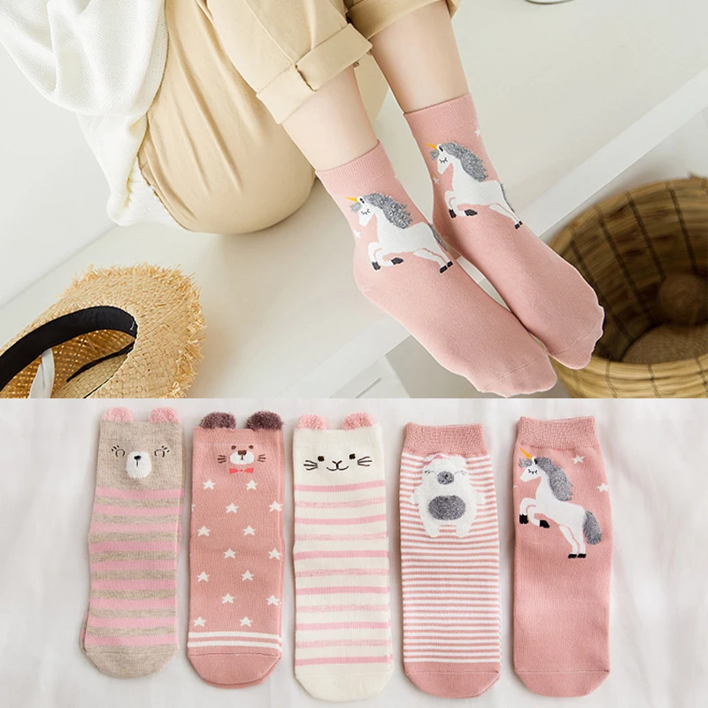 5 Pairs Autumn And Winter Cotton Woman Socks Kawaii Cute Girl Socks Totoro Cartoon Lion Dog Cat Penguin Cow Rabbit Calcetines